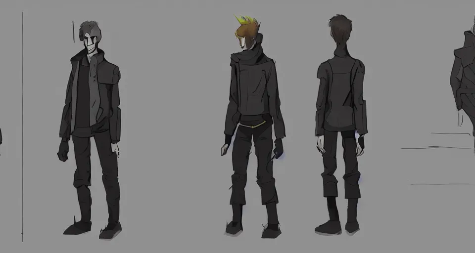 Image similar to concept art of a lean and lanky man that has a TV as a head and wears a cyberpunk coat, concept art, turnaround world building, character design