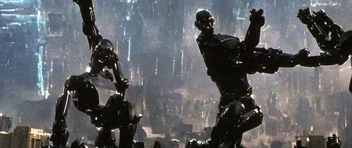 Prompt: sentinel robots from the matrix movie attacking Zion