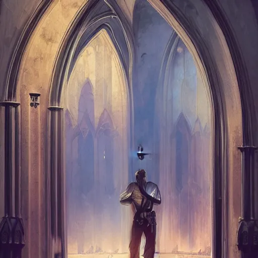Image similar to angel protecting man who is praying inside a gothic church by Stanley Artgerm Lau, WLOP, Rossdraws, James Jean, Andrei Riabovitchev, Marc Simonetti, Yoshitaka Amano, ArtStation, CGSociety