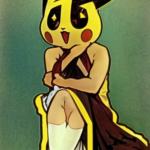 Prompt: elegant woman dressed up as pikachu, wearing stockings, photo by Alphonse Mucha,