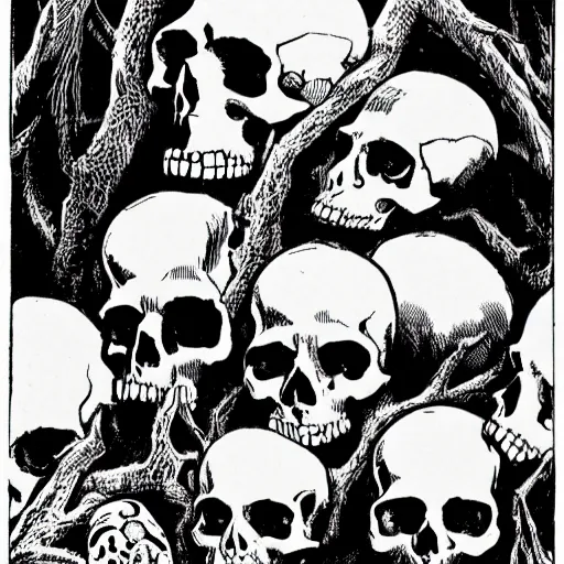 Image similar to Skulls lying under a dead tree. Close Up Shot, Dark Fantasy, Film Noir, Black and White. High Contrast, Mike Mignola, D&D, OSR