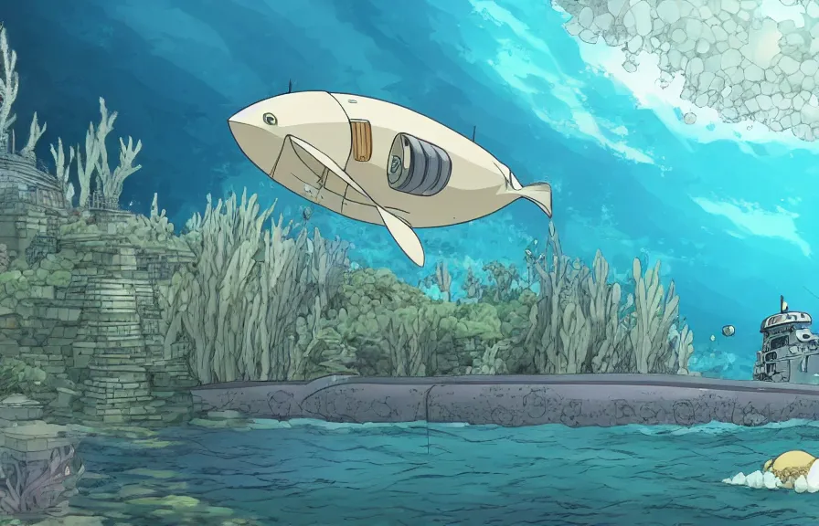 Prompt: a realistic studio ghibli cell shaded cartoon showing an underwater submarine. in the background is a white pyramid with a gold capstone underwater at the bottom of the sea. wide shot, very dull muted colors, hd, 4 k, hq