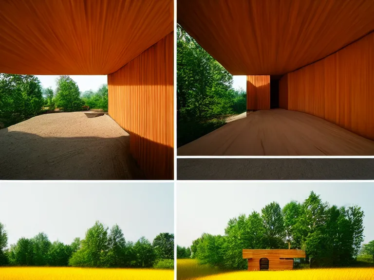 Image similar to hyperrealism design by frank lloyd wright and kenzo tange photography of beautiful detailed small house around the forest in small ukrainian village depicted by taras shevchenko and wes anderson and caravaggio, wheat field behind the house, volumetric natural light