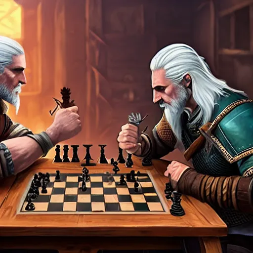 Image similar to Geralt of Rivia and Ciri playing chess in a tavern. geralt de rivia and ciri play at a table in the middle of the tavern, pixel art by Gerardo Quiroz, devian art, 4k