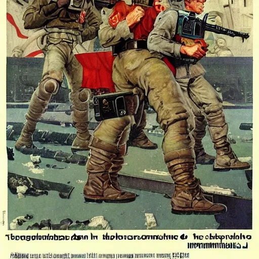 Image similar to Soviet mechs in the style of Norman Rockwell, world war 2, WWII, propaganda poster, sci-fi illustrations, highly detailed, award-winning, patriotic, soviet, ussr, dark, gritty, ink