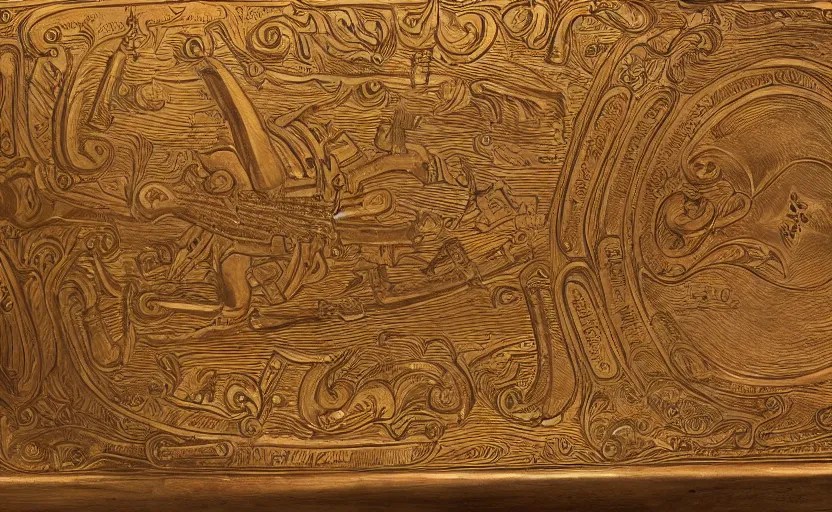 Image similar to golden musket with engravings laying on a wooden table, complex, high detail