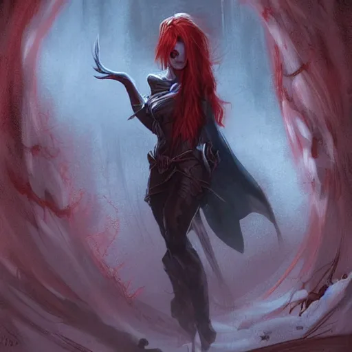 Image similar to a woman with red hair in a dark cave, concept art by Magali Villeneuve, deviantart contest winner, fantasy art, concept art, dark and mysterious, d&d