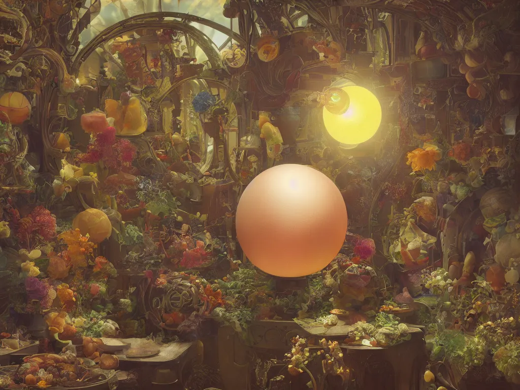 Image similar to 3 d render, sunlight study, the universe is a spheroid region 7 0 5 meters in diameter, art nouveau, by jan davidz de heem and ( ( ( ( ( lisa frank ) ) ) ) ), 8 k, sharp focus, octane render