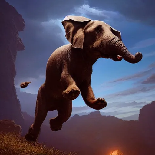 Prompt: dog jumps over hill, dog looks like elephant with trunk!!!!, intricate, epic lighting, cinematic composition, hyper realistic, 8 k resolution, unreal engine 5, by artgerm, tooth wu, dan mumford, beeple, wlop, rossdraws, james jean, marc simonetti, artstation