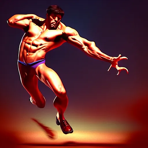 Image similar to “ athletic man dodging bullets, action shot, in the style of boris vallejo and julie bell, photorealistic, unreal engine ”