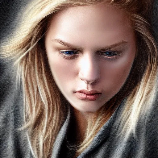 Image similar to portrait of blond girl who look like actor michael pitt realistic digital painting melancholic vibe