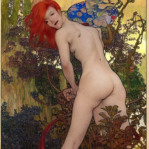 Prompt: A woman with red hair and long pixie haircut in shorts and white shirt, tattoos, drawn by Donato Giancola and Jon Foster, Frank Frazetta, Alphonse Mucha, background by James Jean and Gustav Klimt, French Nouveau