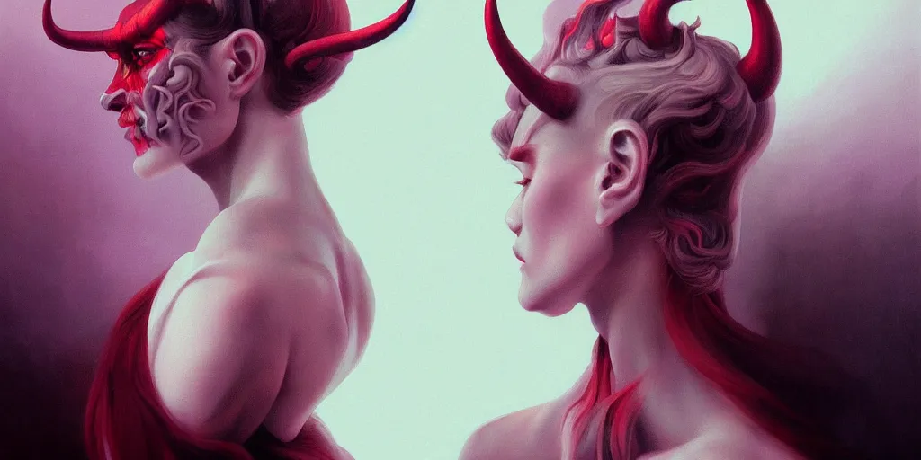 Image similar to breathtaking detailed concept art painting art deco portrait of a satanic demon, by hsiao - ron cheng, bizarre compositions, exquisite detail, extremely moody lighting, 8 k