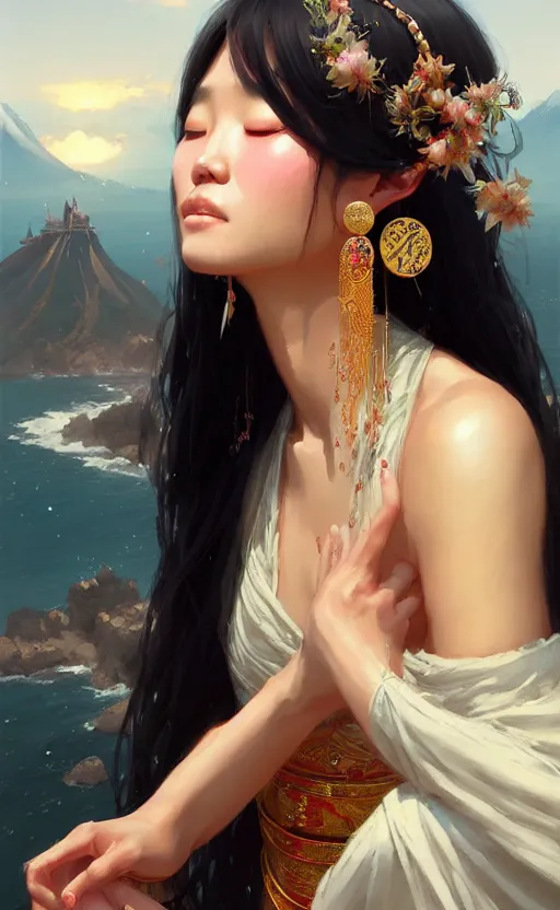 Image similar to a beautiful taiwan goddess with sundress with jewelry | | winter, realistic shaded, unpleasant face, good looking, fine details, realistic shaded lighting poster by greg rutkowski, magali villeneuve, artgerm, jeremy lipkin and michael garmash and macoto takahashi