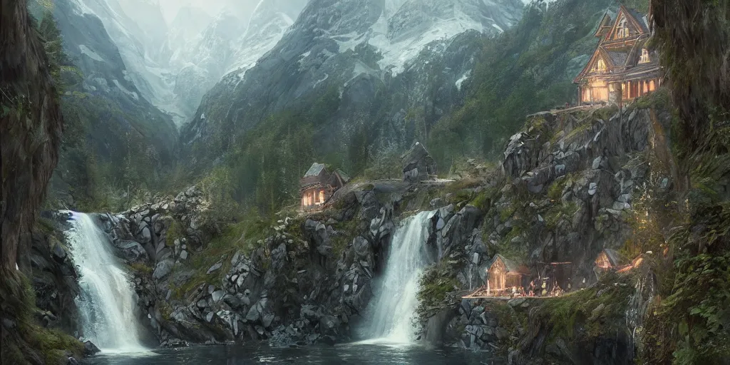 Prompt: rivendell rivendell in norway norway by artgem and greg rutkowski and krenz cushart, epic, fantasy, detailed, realistic