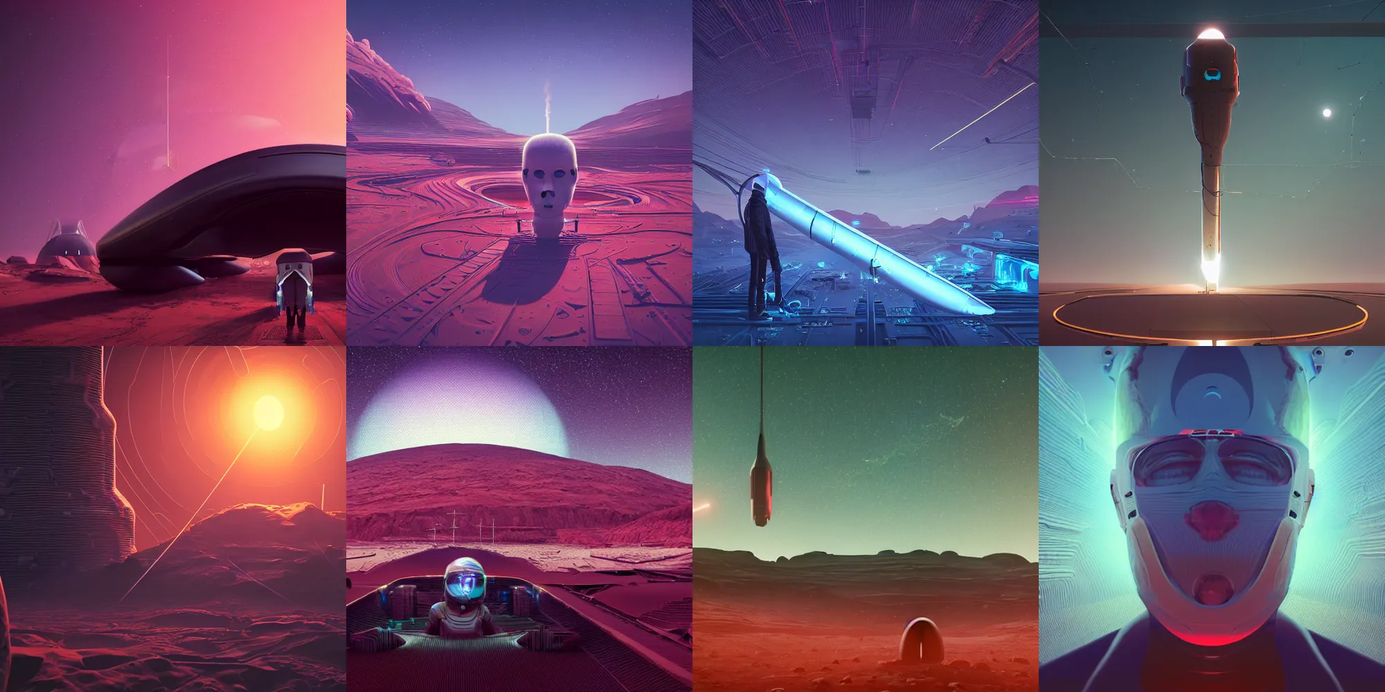 Prompt: creepy elon musk head, rockets, doge, hyperloop, bluebird, cables and wires, beautiful crystals, beautiful dark creepy mars landscape, in the style of beeple and mike winkelmann, intricate, epic lighting, cinematic composition, hyper realistic, 8 k resolution, unreal engine 5, raytracing, ultraviolet colors,