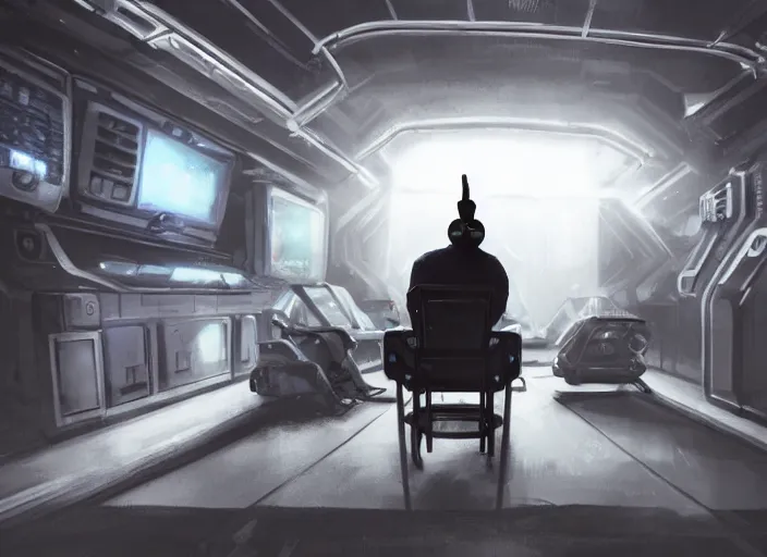 Prompt: a man sitting on a chair with things attached to his head, screens and monitors in front of him playing videos, ship interior, narrow hallway, scifi, dramatic lighting, dark, spotlight, concept art, surreal, by rutkowski, fuji choko