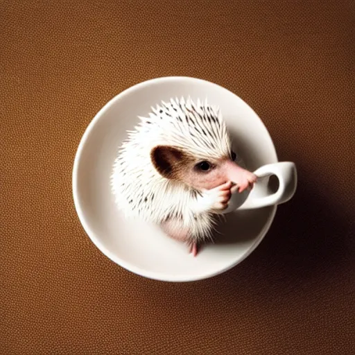 Prompt: baby hedgehog in a teacup, photography, minimalistic