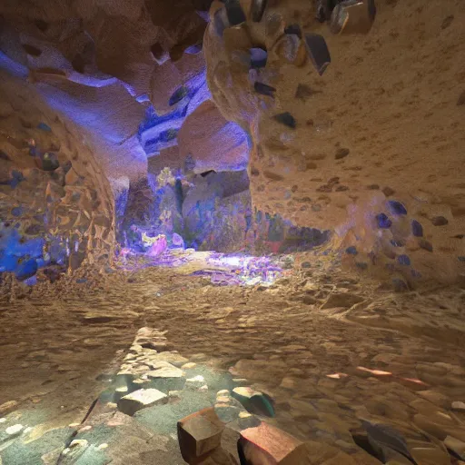 Prompt: cave with big crystals, 8k, colorful, super detailed, super realistic, sharp, volumetric light, ray traced