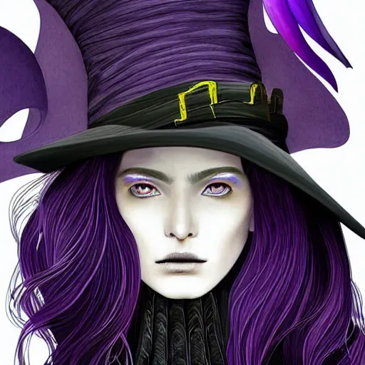 Prompt: a digital copic maker portrait of a beautiful witch with long purple hair, black witch hat, haunting purple irises, detailed features, by balenciaga and issey miyake by ichiro tanida and mitsuo katsui