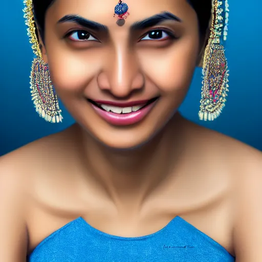 Prompt: highly detailed full body portrait of south asian happy woman in, studio portrait, grey colored eyes, blue colored wear, photo by jerry ghionis, hyper realistic, concept art, 8 k detail post - processing