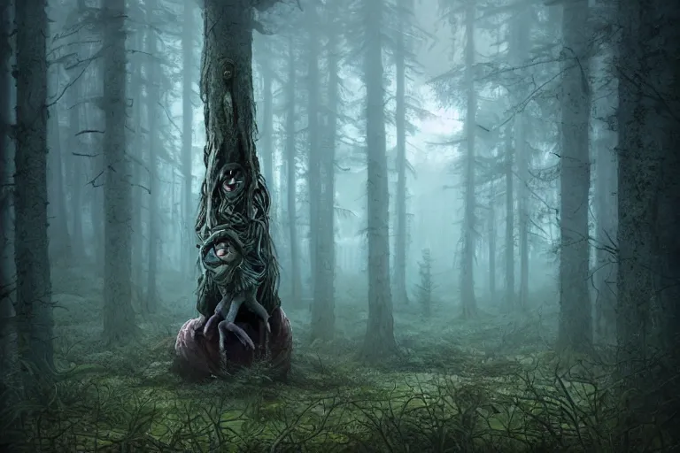 Image similar to creepy eldritch monster in a swedish forest, very low angle photograph, very detailed, trending on artstation, realistic, soft colors, simon stålenhag, lovecraft, horror