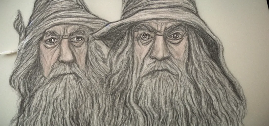 Prompt: Gandalf poorly drawn in wax crayon by a five-year old