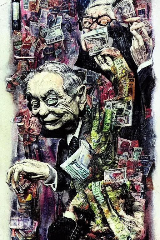 Image similar to George Soros full body shot, dollar bills Body horror, biopunk, by Ralph Steadman, Francis Bacon, Hunter S Thompson