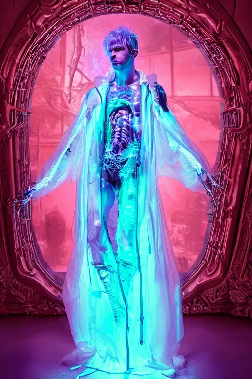 Image similar to photo of full-body rococo and cyberpunk delicate neon crystalline sculpture of ((muscular pale blue albino prince Nick Jonas)) as an iridescent humanoid deity wearing a thin see-through ((plastic hooded cloak)) (holding a human skull) in a neon castle dungeon, reclining con (((las piernas abiertas))), glowing pink face, crown of (white lasers), large diamonds, swirling black silk fabric. futuristic elements. oozing glowing liquid, full-length view. space robots. intricate artwork by caravaggio. Trending on artstation, octane render, cinematic lighting from the right, hyper realism, octane render, 8k, depth of field, 3D