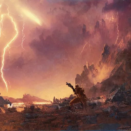 Image similar to a man with short blonde hair shooting lightning bolts at his enemy in battle. detailed matte painting. masterpiece. coherent. rule of thirds 4 k. fantasy art. by gaston bussiere. derek zabrocki. craig mullins