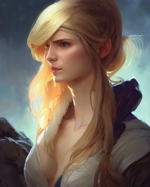 Image similar to '' Portrait of Beautiful blonde Slavic woman in her early 30’s, league of legends, LOL, fantasy, d&d, digital painting, artstation, concept art, sharp focus, illustration, art by greg rutkowski and alphonse mucha ''