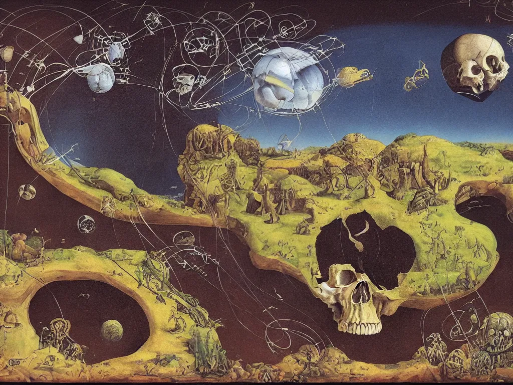 Prompt: The world as seen from the orbits of the skull. Painting by Lucas Cranach, Roger Dean.