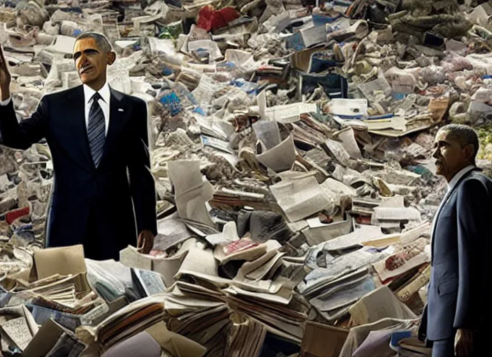 Image similar to obama nervously standing by a mountain of papers, film still in the new batman movie, 4 k