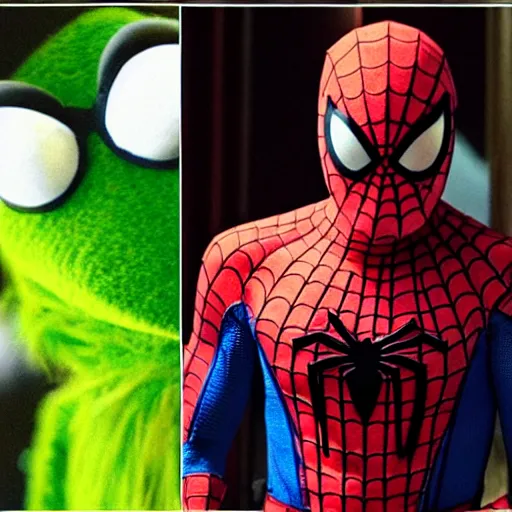 Image similar to photo of Kermit the frog as spiderman in averngers movie