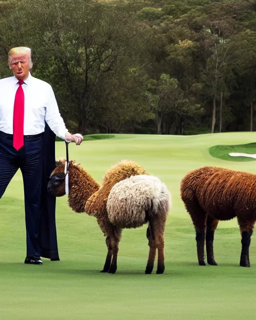 Image similar to wide shot of donald trump at one of his golf courses, with an alpaca caddy. photorealistic