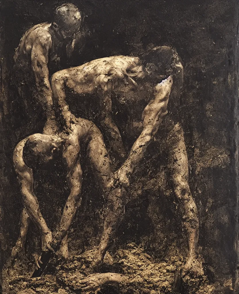 Image similar to a man with a shovel standing digging up a grave with a dead body, by Nicola Samori, painting, 8k, high detail