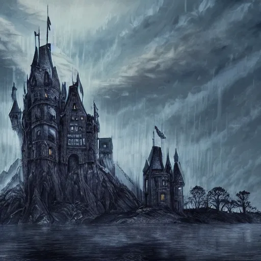 Image similar to a gigantic tall towering surreal elaborate dark gothic stone castle built over a lake at midnight with a second upside-down castle looming in the clouds above it, illustration by Ayami Kojima, dramatic lighting, concept art, hyperdetailed, 4k