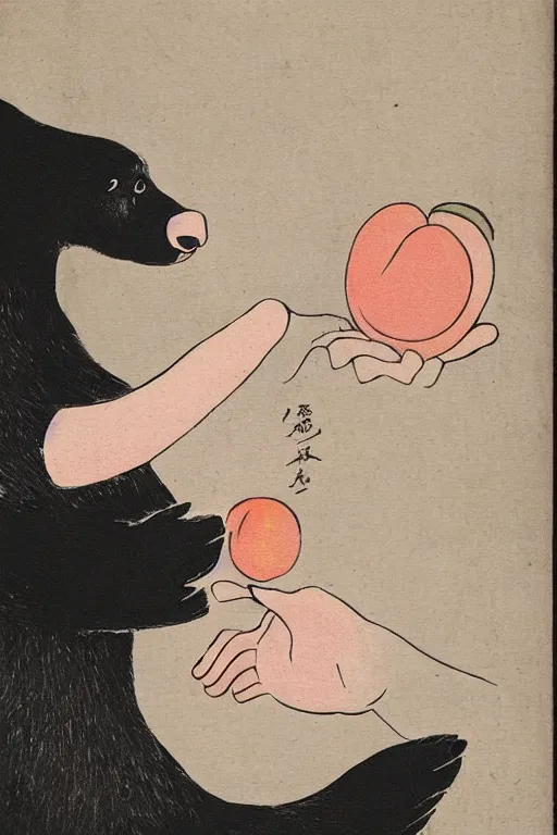 Image similar to a girl with a peach in her hands stands beside an anthropomorphic black bear, offering the peach to the bear. in the style of foujita tsuguharu