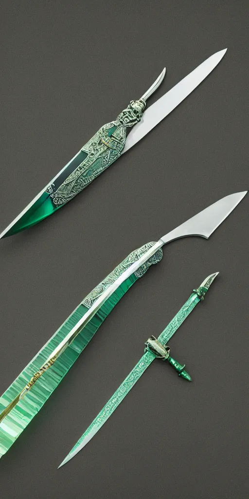 Image similar to photograph of a wide green and teal crystal double - edged sword blade attached to a big gold sword hilt