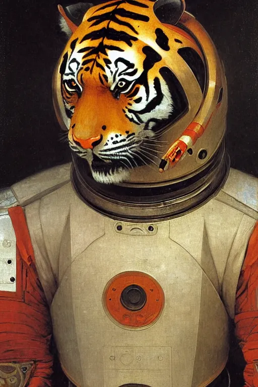 Image similar to portrait of a tiger astronaut with chinese dragon armor and helmet, majestic, solemn, by bouguereau