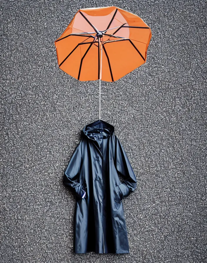 Image similar to close - up portrait of an empty slick fashionable zara raincoat floating suspended mid - air on a glittering wet rainy display designed by james terrell, wes anderson, felipe pantone, symmetry, rule of thirds