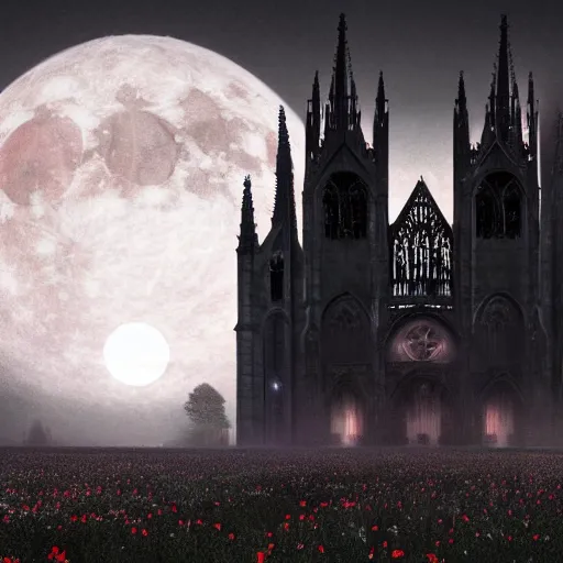 Image similar to A Gothic cathedral in a field of flowers, A huge red moon shines over the earth in the style of gustav doré.highly realistic, hyper detailed,cinematic,4k,digital art,unreal engine 5,epic lighting by greg rutkowski