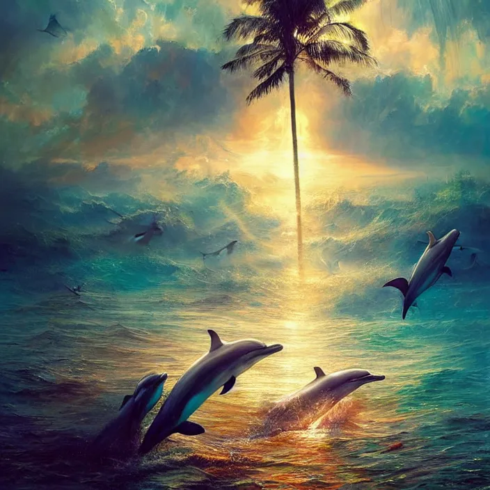 Image similar to dolphins swimming, golden hour, god rays, dreamscape by artgerm and ruan jia and ismail inceoglu and greg olsen, cosmos, milky way galaxy, masterpiece, beautiful, intricate, elegant, highly detailed, palm trees