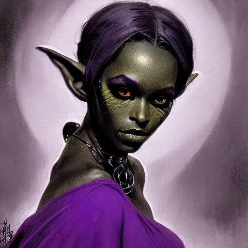 Prompt: half length portrait of a beautiful female drow elf warlock, black skin, violet magic, royo, klimt, miro, vallejo, frazetta, alphonse mucha, greg rutkowski, whealan