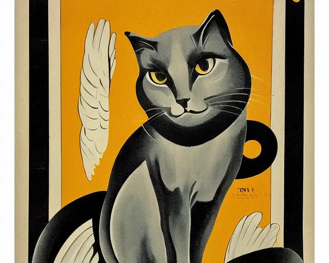 Prompt: vintage art deco animal poster depicting a cat with wings and talons