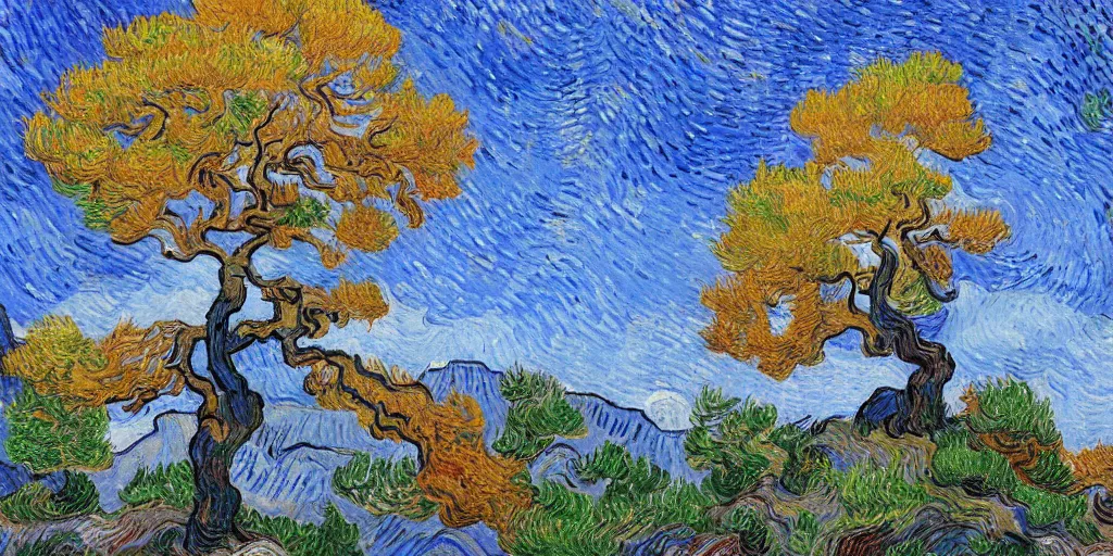 Prompt: single maple tree growing in grand canyon, stream, van gogh, highly detailed, masterpiece