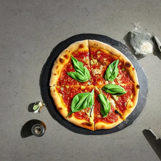 Image similar to A magaritha pizza on a marble table in a garden by Van Gogh