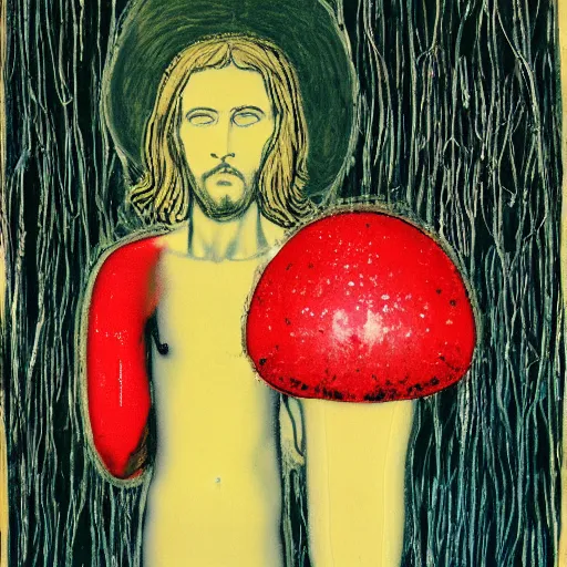 Image similar to jesus christ and an amanita mushroom painted by cy twombly and andy warhol