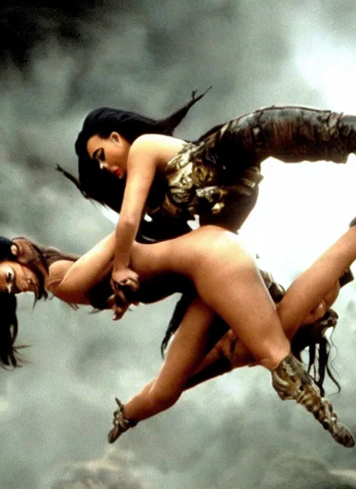 Prompt: film still of kim kardashian being held up in the air by predator in the movie predator.