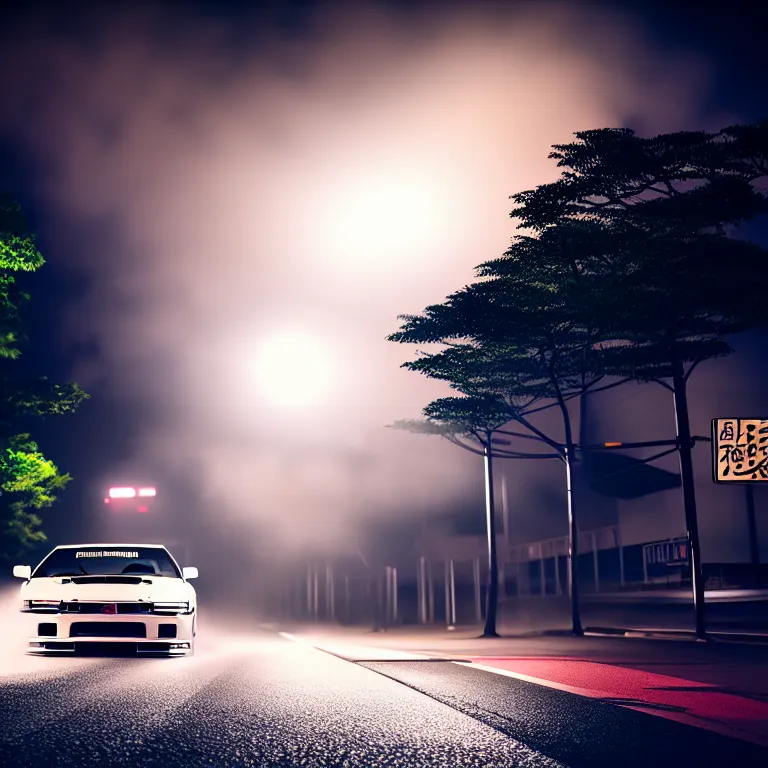 Image similar to one car JZX90 twin turbo drift middle of empty street, misty kanagawa prefecture, night, cinematic color, photorealistic, highly detailed,